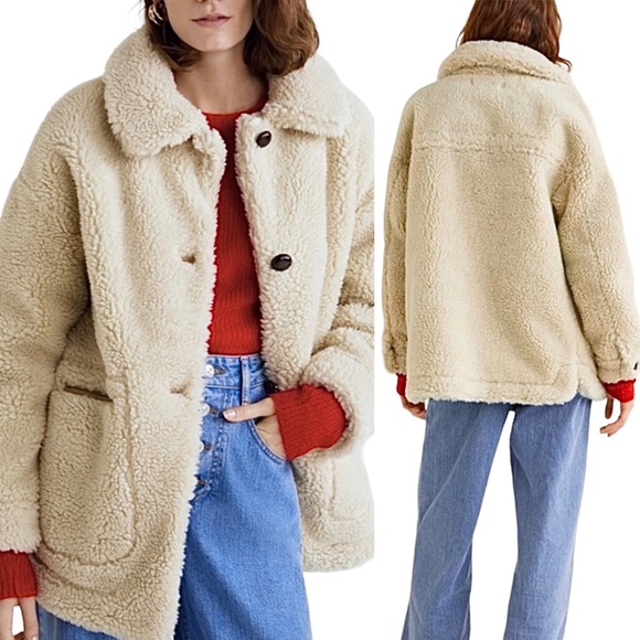 Mango Faux Shearling Fur Inside Suede Style Lined Teddy Coat Ecru Cream Medium - Picture 4 of 14